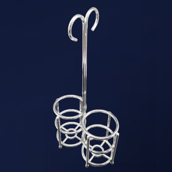 VINTAGE STAINLESS STEEL OIL AND VINEGAR CADDY WITH 2 VENTED CRUET BOTTLE POURERS - Picture 2 of 4